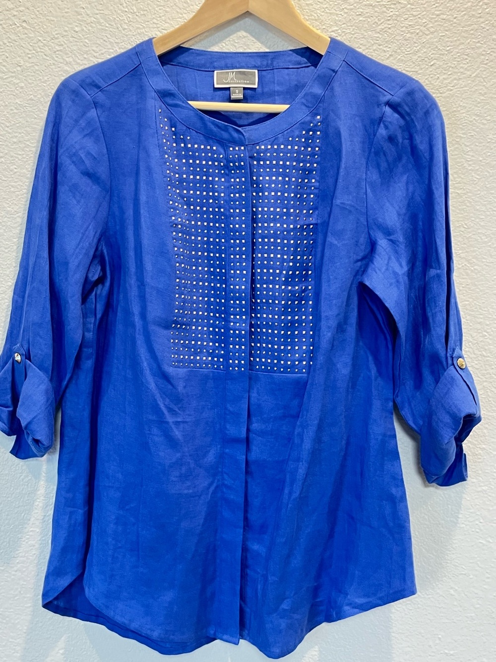 JM Collection Royal Blue Studded Front Roll-Sleeve Blouse 100% Linen